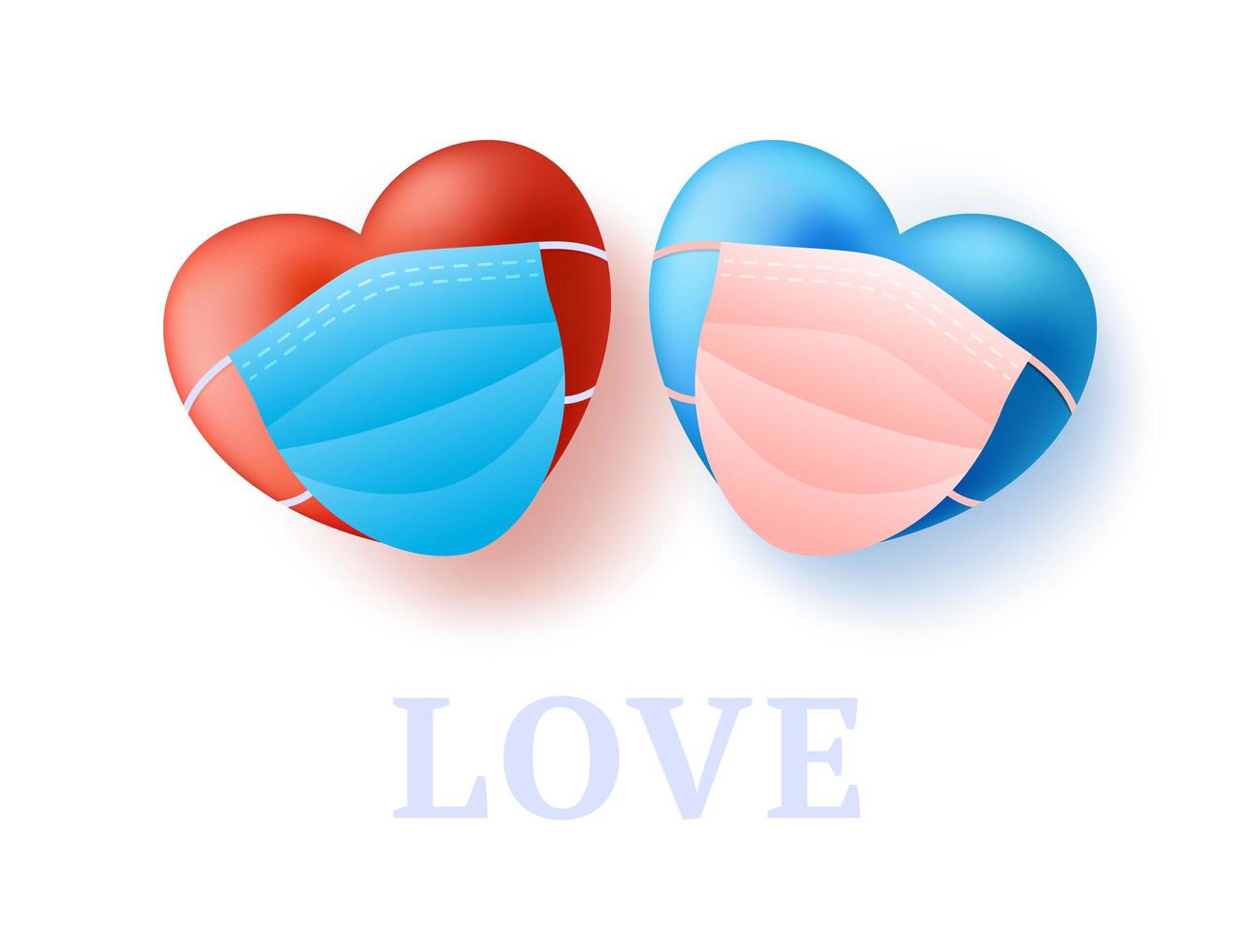 Liebeskonzept mit zwei niedlichen realistischen roten und blauen Herzen des Paares in der medizinischen Maske. Schutz von Coronavirus und Covid Valentinstag. Vektor-Illustration Liebesbanner vektor