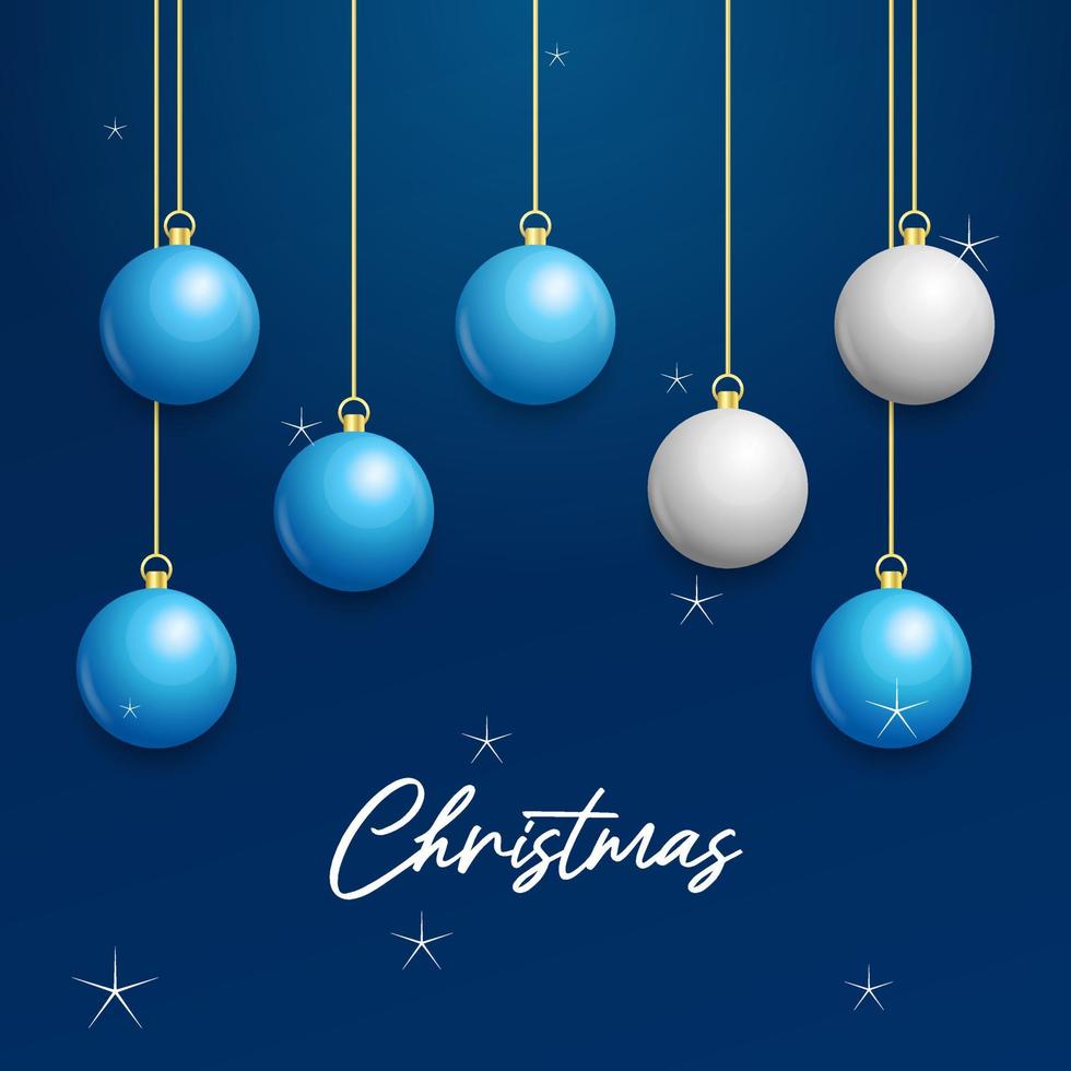 weihnachtsblauer hintergrund mit hängenden glänzenden weißen und silbernen kugeln. frohe weihnachten grußkarte vektor