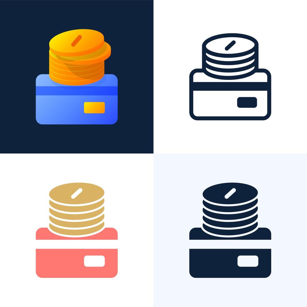 stack av mynt med en kreditkortsvektor lager ikonuppsättning. begreppet att lägga pengar till ett bankkonto. baksidan av kortet med en stapel mynt. vektor
