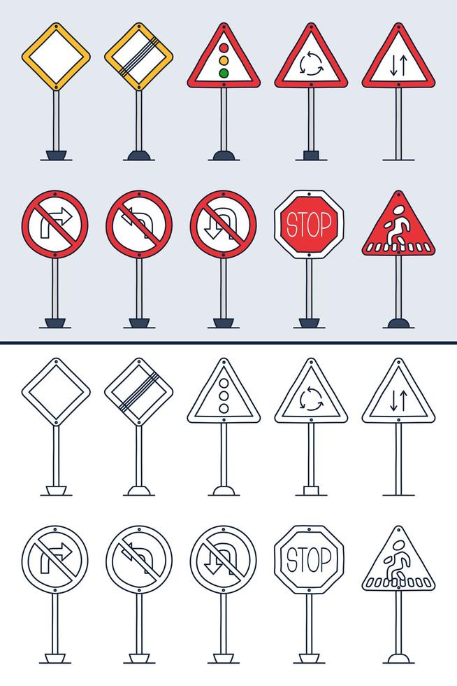 Vektorsatz von Gekritzel-Verkehrszeichen im bunten und Gekritzel-Umrissstil. handgezeichnete Verkehrszeichensymbole lokalisiert auf weißem Hintergrund. vektor