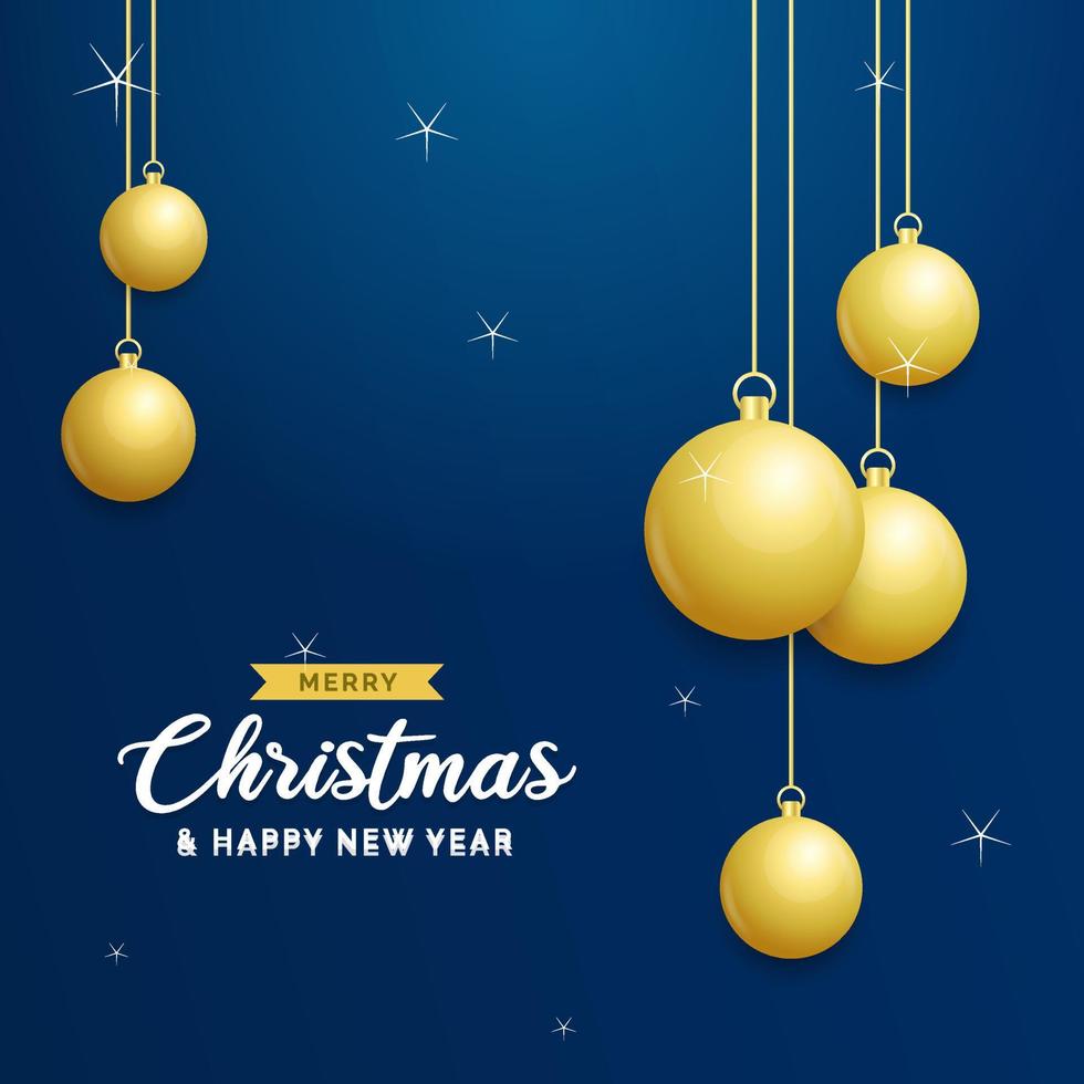 jul blå bakgrund med hängande lysande gyllene bollar. glad jul hälsning kort. Semester xmas och ny år affisch. webb baner vektor