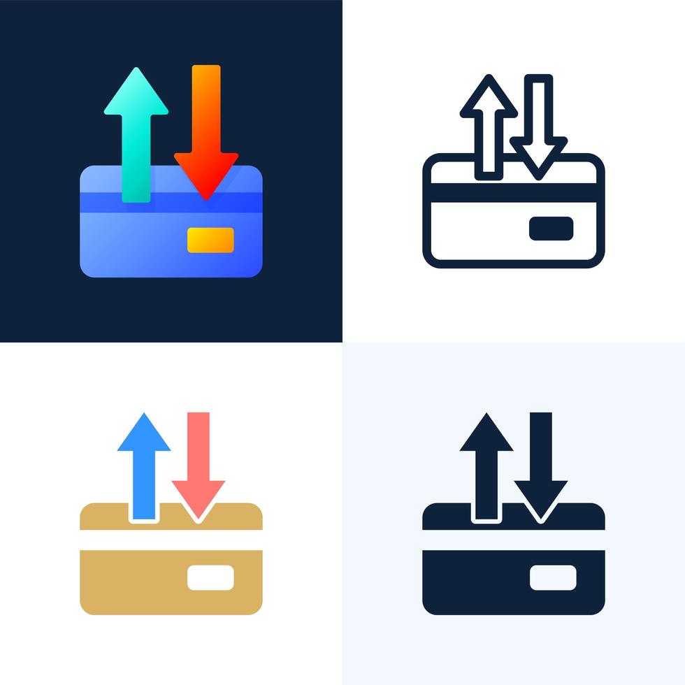upp och ned pilar kreditkort vektor lager ikonuppsättning. begreppet dataöverföring, transaktioner med ett bankkonto. baksidan av ett kreditkort med två pilar.