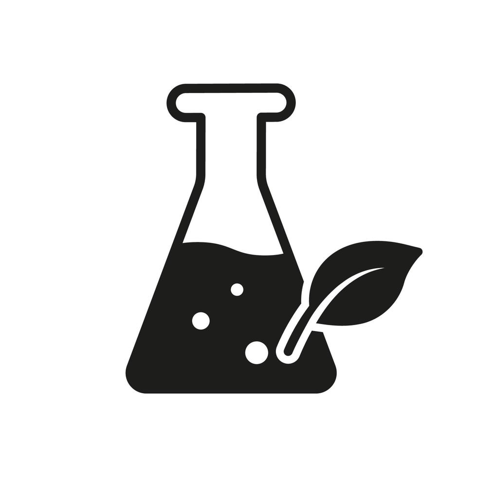 Glaskolben mit Blattpflanze-Silhouette-Symbol. Wissenschaft Chemie natürliches Forschungsexperiment schwarzes Logo. Natur-Bio-Laborzeichen. Parabenfreies Symbol. isolierte Vektorillustration. vektor