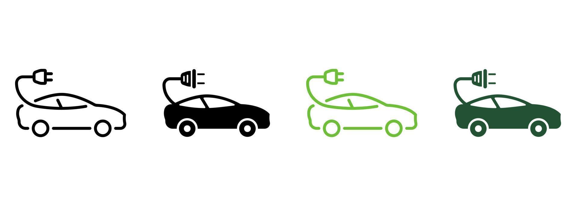 elektroauto mit steckerleitung und silhouettensymbolsatz. Hybrid-Öko-Autotransport. Elektrizitätsenergieauto-Symbolsammlung auf weißem Hintergrund. Ökologie Automobil Zeichen. isolierte Vektorillustration. vektor