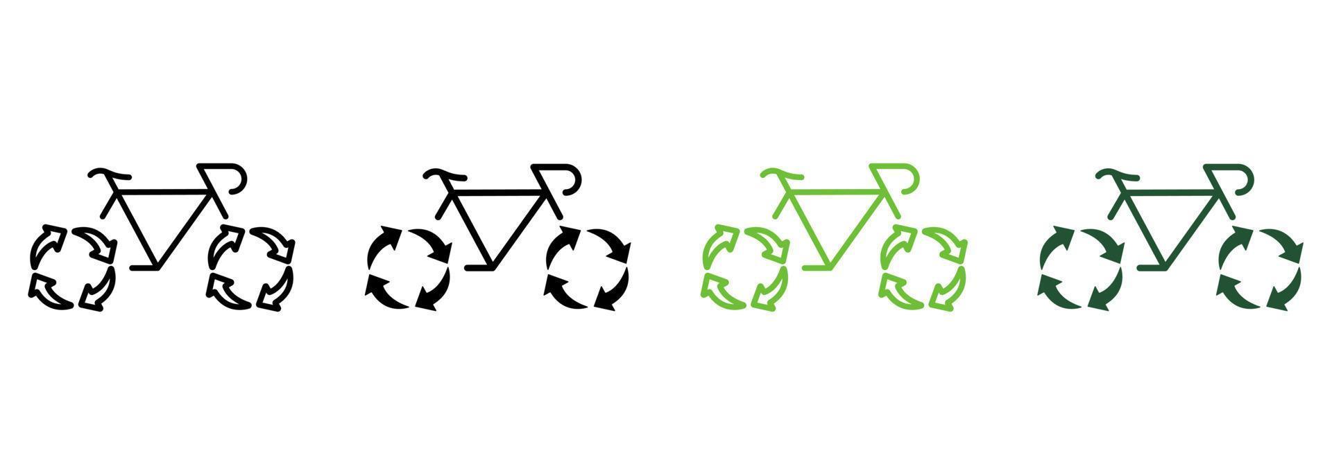 umweltfreundliche transportlinie und silhouette symbol farbsatz. Fahrrad mit Schild für Recyclingräder. Fahrradsymbolsammlung für grüne Energie wiederverwenden. Ökologie Transport. isolierte Vektorillustration. vektor