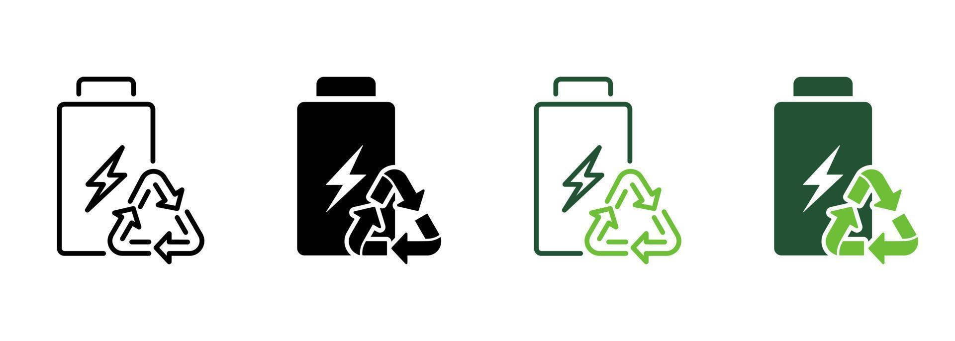 eco batteri förnybar elektrisk kraft linje och silhuett ikon uppsättning. grön energi ekologisk ackumulator med triangel pilar symbol samling på vit bakgrund. isolerat vektor illustration.
