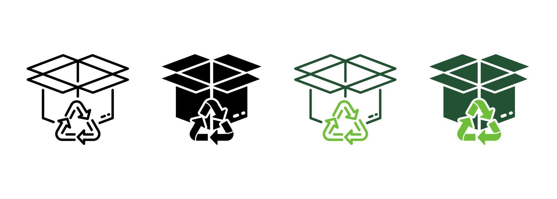 Öko-Recycling-Box-Linie und Silhouette-Icon-Farbset. Ökologie natürliches Recycling-Paket. Bio-Kartonpackung für die Sammlung von Liefersymbolen auf weißem Hintergrund. isolierte Vektorillustration. vektor