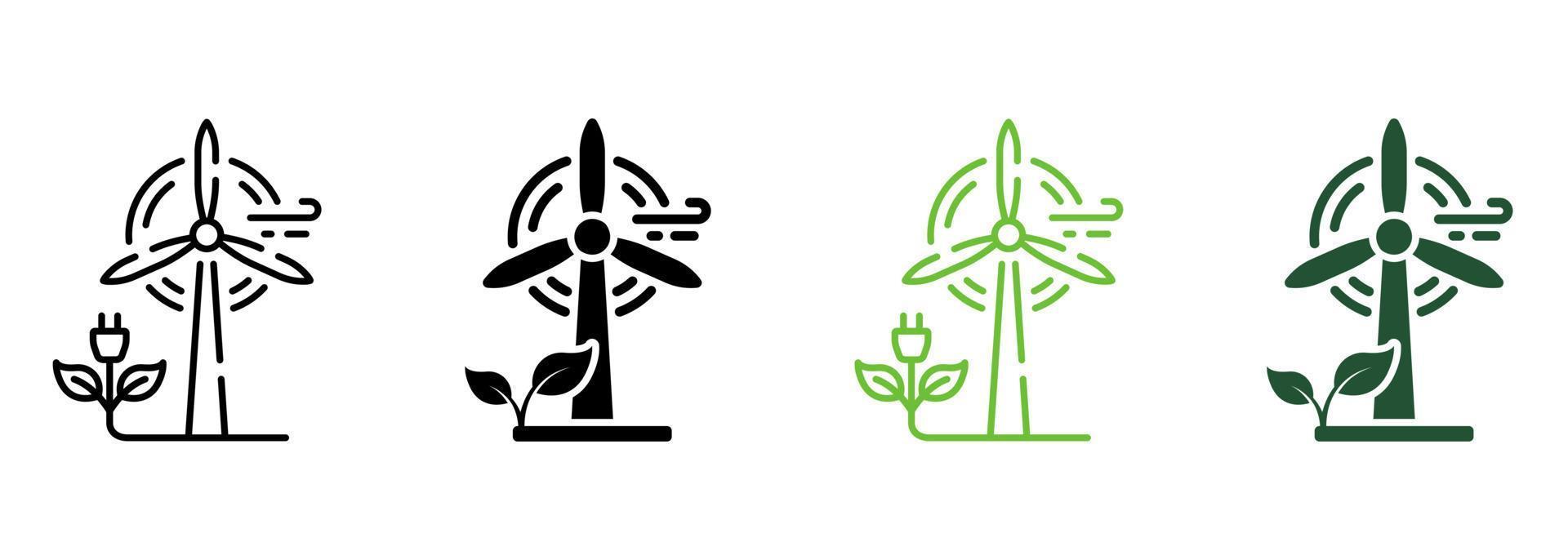 eco vind turbin grön energi linje och silhuett ikon Färg uppsättning. vind kvarn förnybar kraft piktogram. ekologisk väderkvarn symbol samling på vit bakgrund. isolerat vektor illustration.