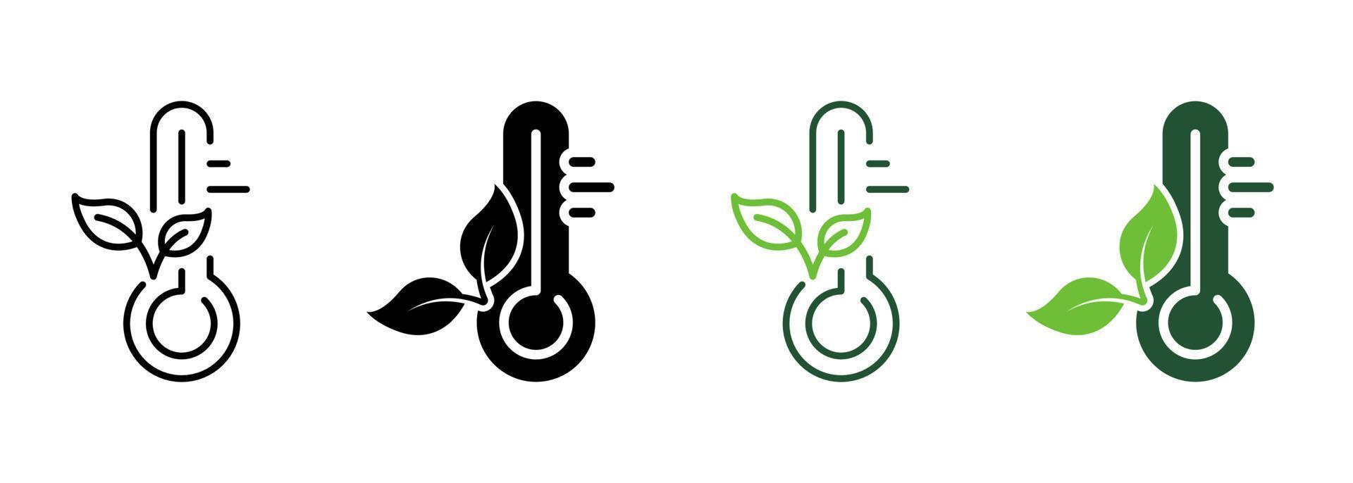 öko-temperaturmessinstrument linie und silhouette symbol farbsatz. Thermometerwerkzeug in Celsius oder Fahrenheit mit Blattsymbolsammlung auf weißem Hintergrund. isolierte Vektorillustration. vektor