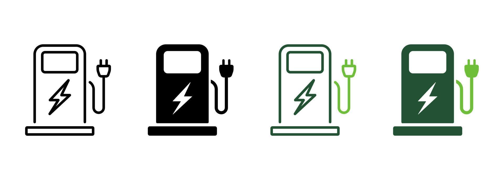 elektrisk station för fordon bil linje och silhuett ikon Färg uppsättning. laddare med plugg för elektrisk kraft bil symboler. avgift station för grön energi bil. isolerat vektor illustration.