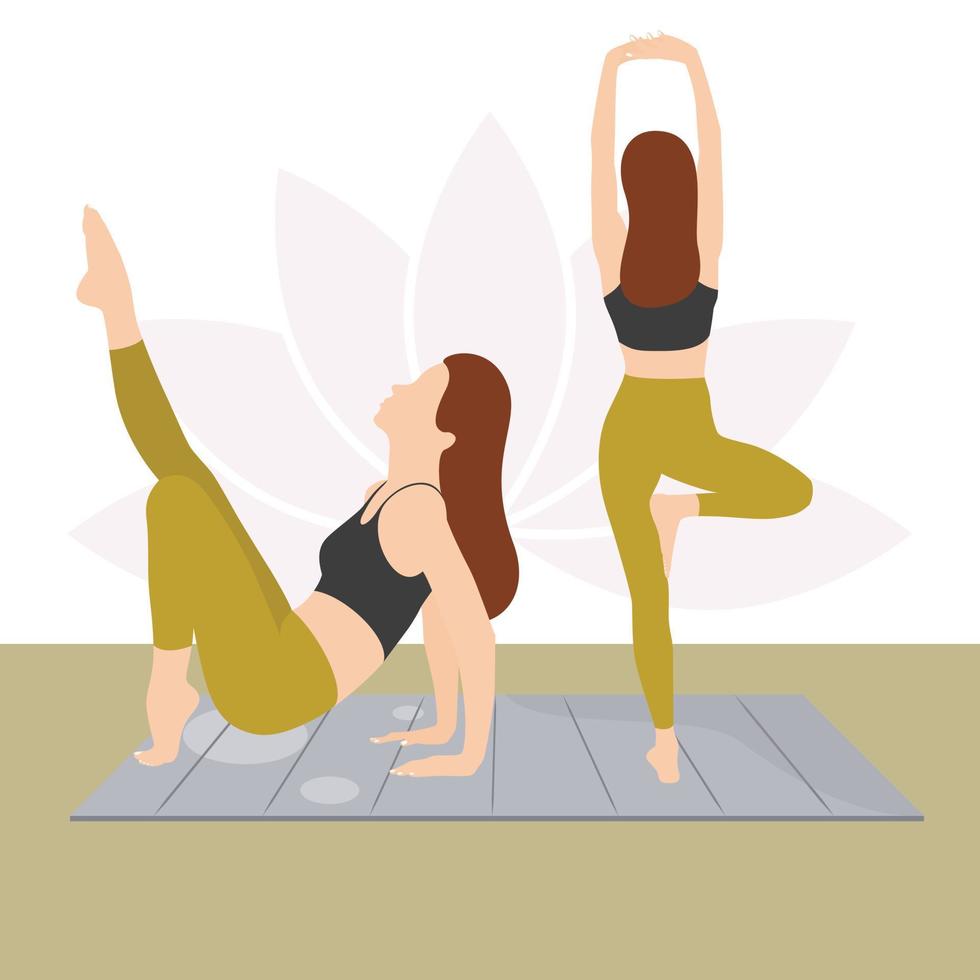 ung kvinna håller på med yoga utgör, yoga asana, yoga praktiserande, ung kvinna håller på med kondition, dans tjejer, smal tjejer, flicka praktiserande sport vektor