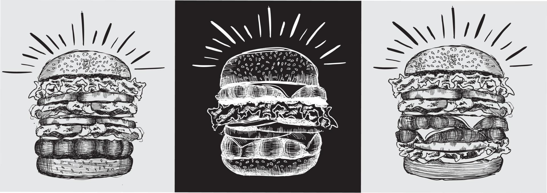 Vektor schwarze handgezeichnete Burger auf weißem Hintergrund