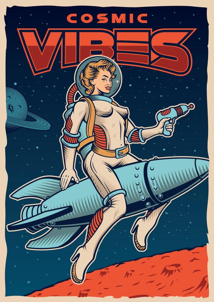 pin up girl astronaut auf weltraumraketenposter im vintage-stil vektor