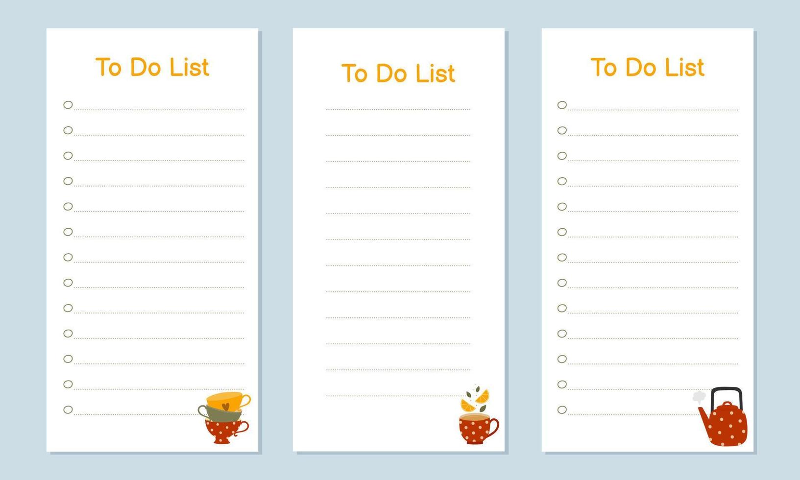 uppsättning av mallar för till do listor med färgrik vattenkokare och koppar. vektor