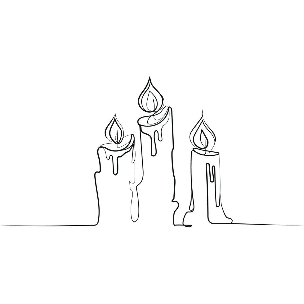 tre brinnande ljus ett linje teckning vektor illustration isolerat på vit bakgrund.kontinuerlig linje teckning av ljus, svart och vit sekt.svart kontur enkel minimalistisk grafisk