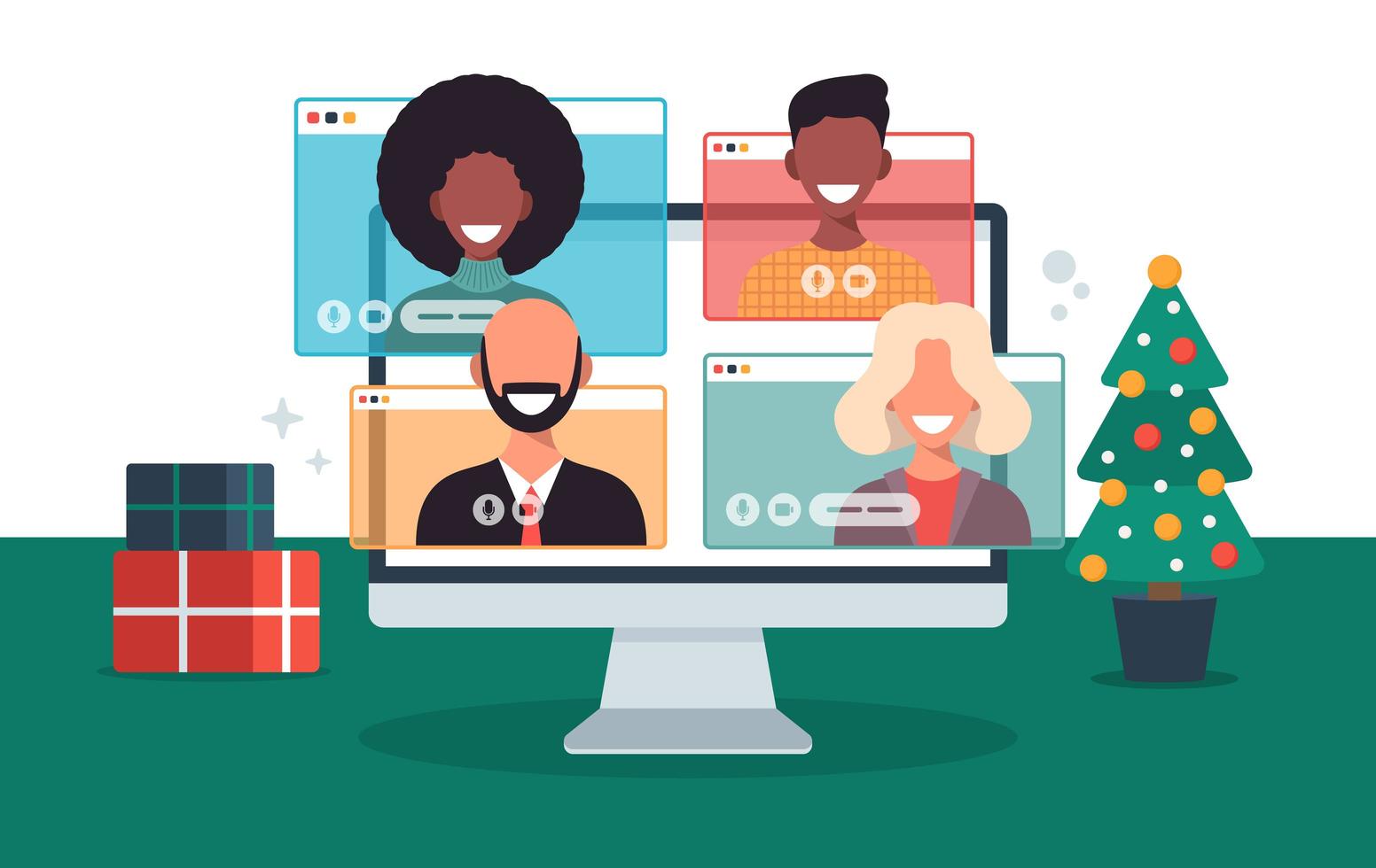 jul online hälsning. människor som möter online med familj eller vänner videosamtal på datorns virtuella diskussion. god och säker jul kontor skrivbord arbetsplats, platt vektorillustration vektor