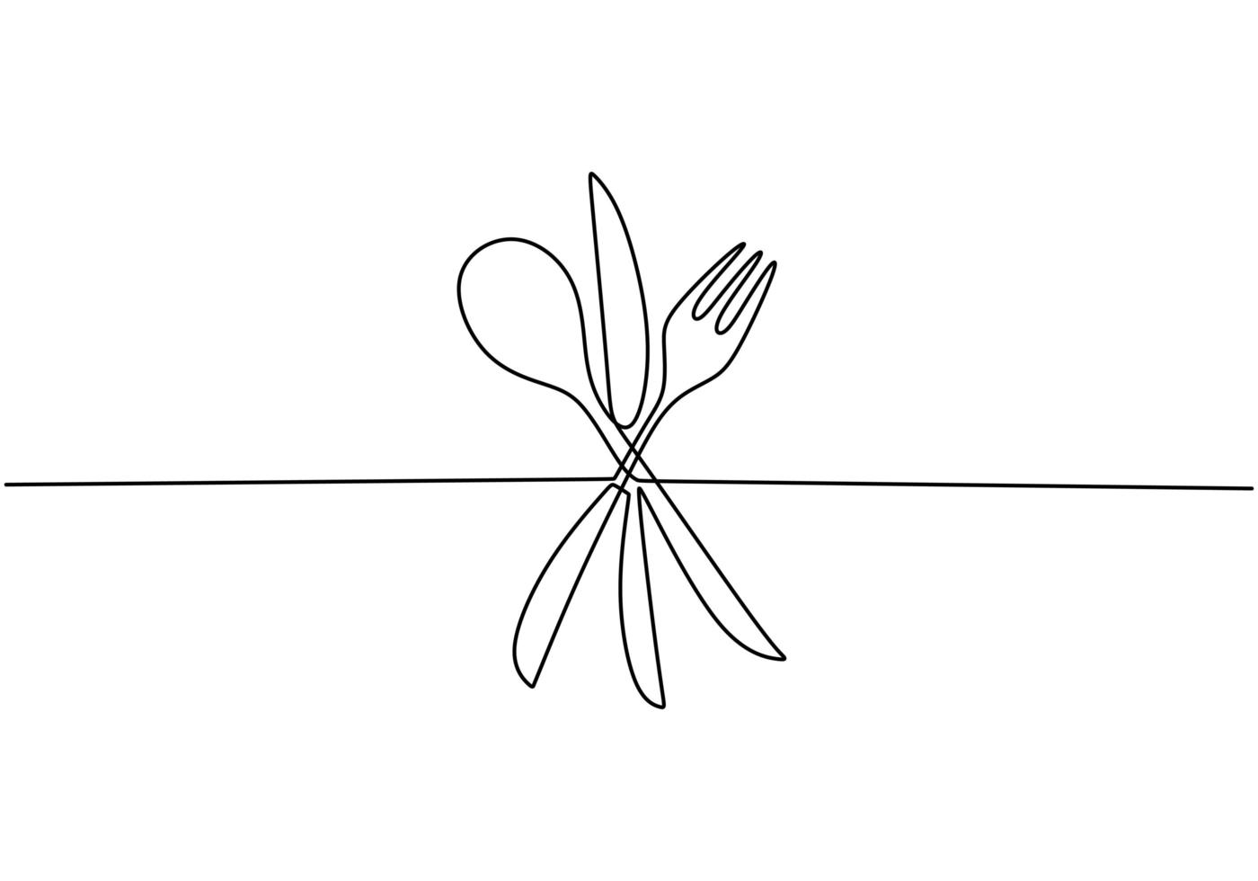 kontinuierliche einzeilige Zeichnung Lebensmittelzeichen, Vektor von Löffel, Gabel und Messer. Minimalismusentwurf mit der Einfachheit Hand gezeichnet lokalisiert auf weißem Hintergrund, Minimalismuskonturhand gezeichnet.