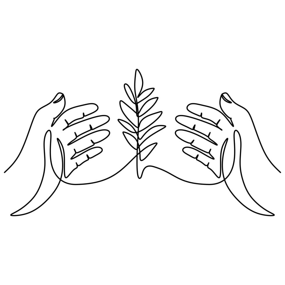 en linje ritning av gro i handen. plantor växer i trädens händer. vektor