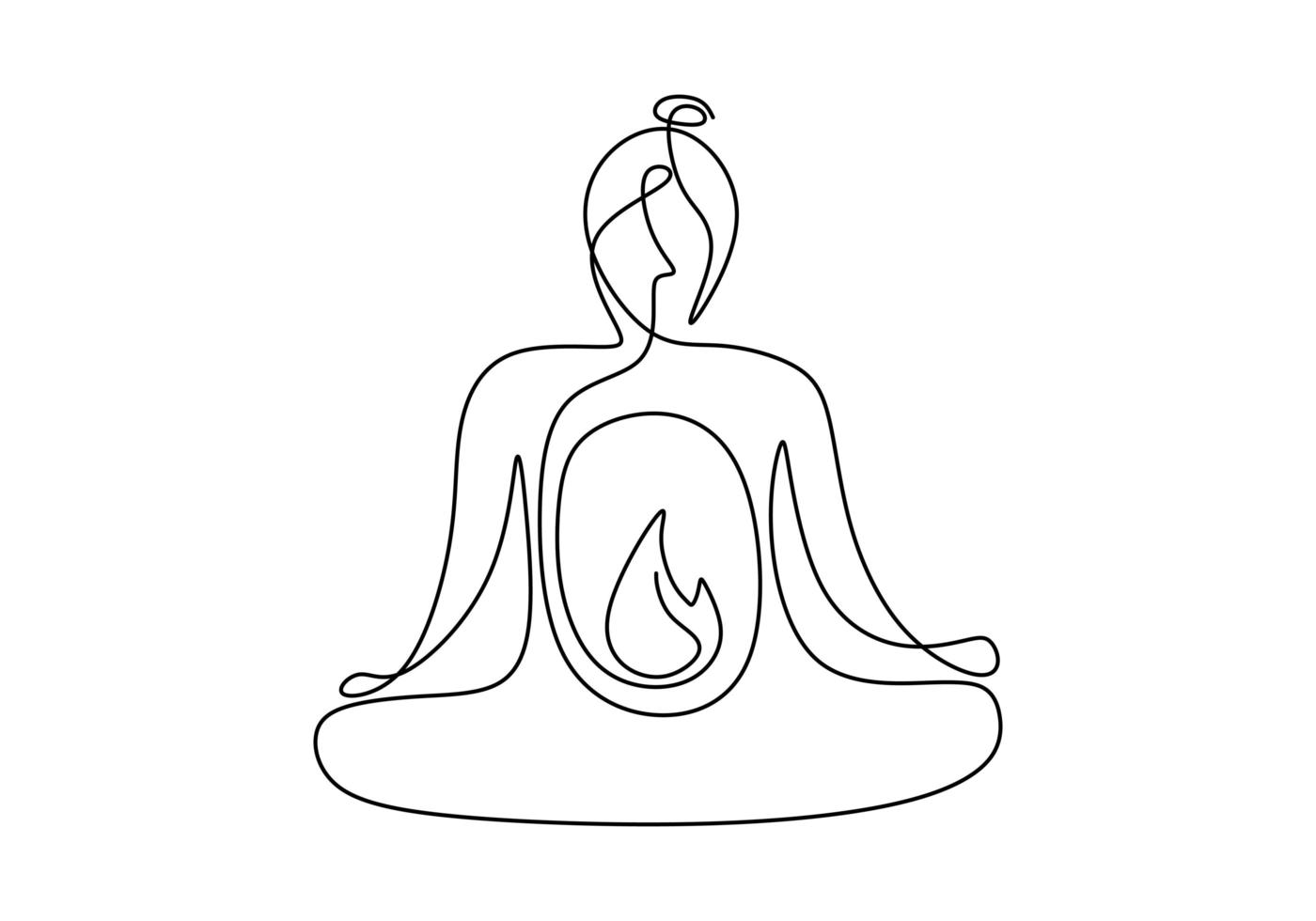 kvinna gör yoga övning kontinuerlig en linje vektor illustration minimalism stil. vacker ung flicka sitter korsande ben med yogalotus pose isolerad på vit bakgrund. minimalism stil