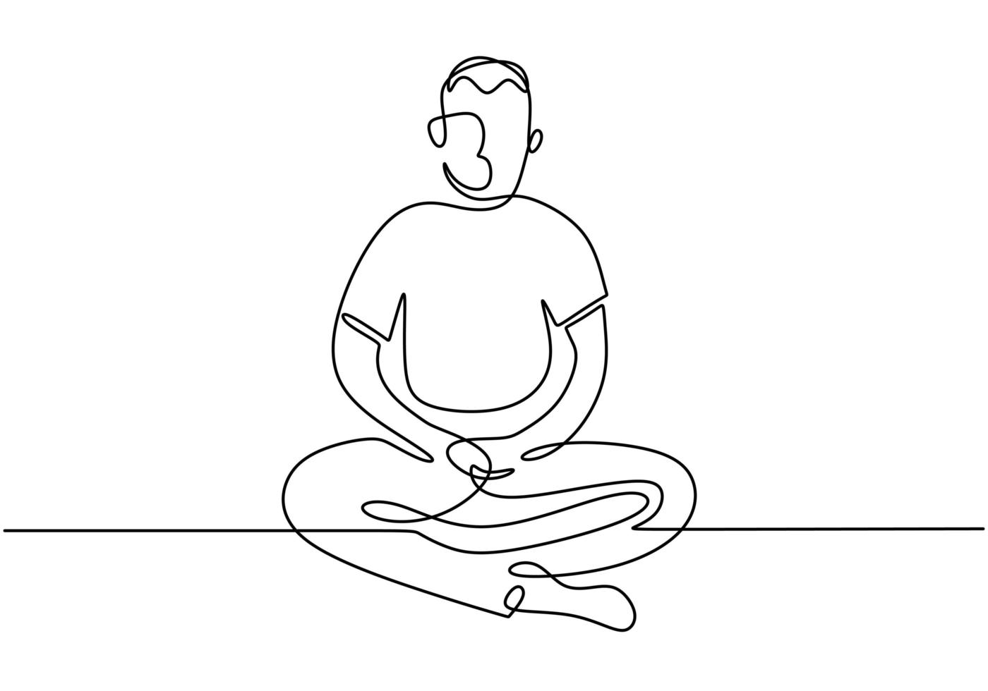 kontinuierliche Strichzeichnung oder eine Strichzeichnung des Mannes, der Übung in der Yoga-Pose tut. energetischer junger Mann, der Kreuzkreuzbein mit Yoga-Lotushaltung sitzt. Mann praktiziert Yoga zur Meditation. Vektorillustration. vektor