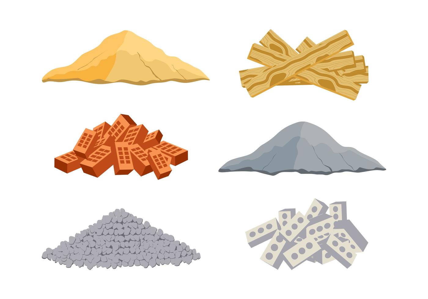 Baumaterial Vektor Set Sammlungen. Packung eines Haufens von Ziegeln, Zement, Sand, Schlackenblöcken, Holz und Steinen auf weißem Hintergrund. Vektorillustration für Gebäude.