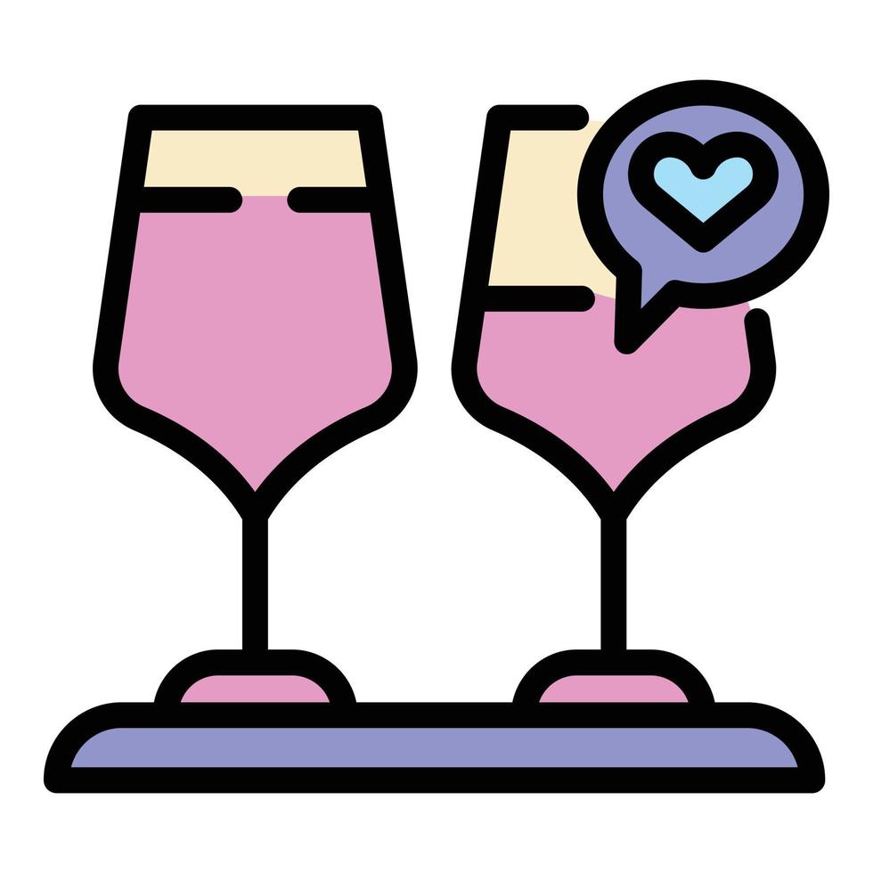 två vin glasögon och hjärta ikon Färg översikt vektor
