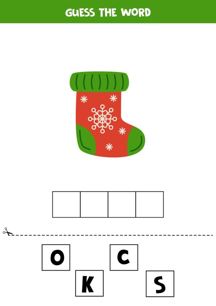 Buchstabiere das Wort. vektorillustration des weihnachtsstrumpfes. Rechtschreibspiel für Kinder. vektor