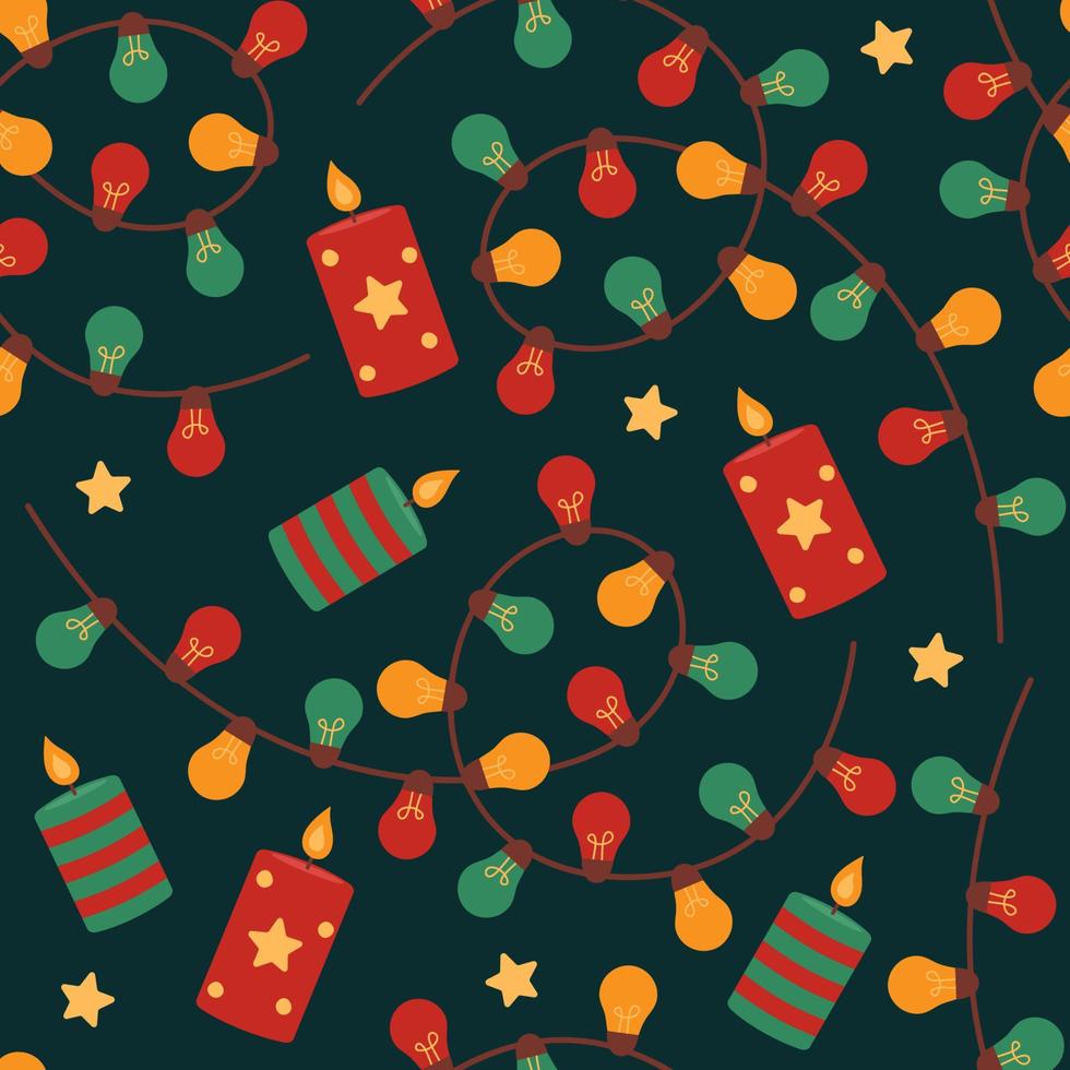 jul sömlös mönster med krans och ljus på mörk bakgrund. vektor platt illustration med Semester, ny år ljus element