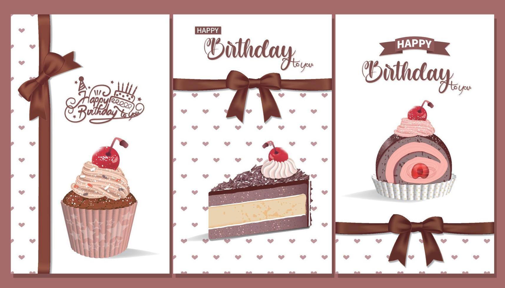 födelsedag kort med uppsättning av körsbär choklad desserter med rosett band vektor
