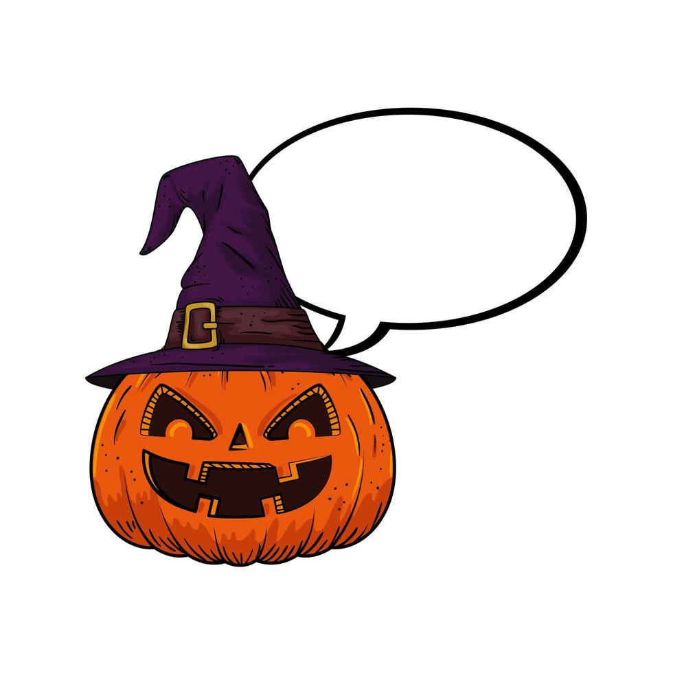 Halloween-Kürbis mit Huthexe und Sprechblasen-Pop-Art-Stil vektor