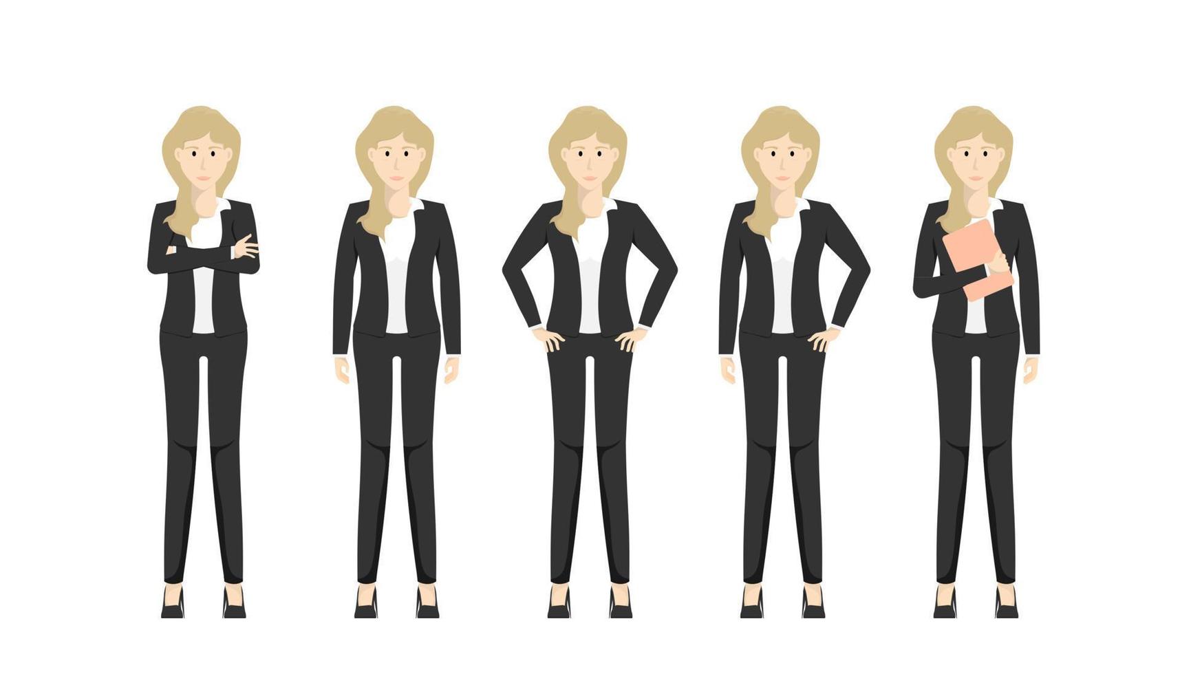 uppsättning av företag kvinna stående design, vektor platt stil illustration isolerat på vit.