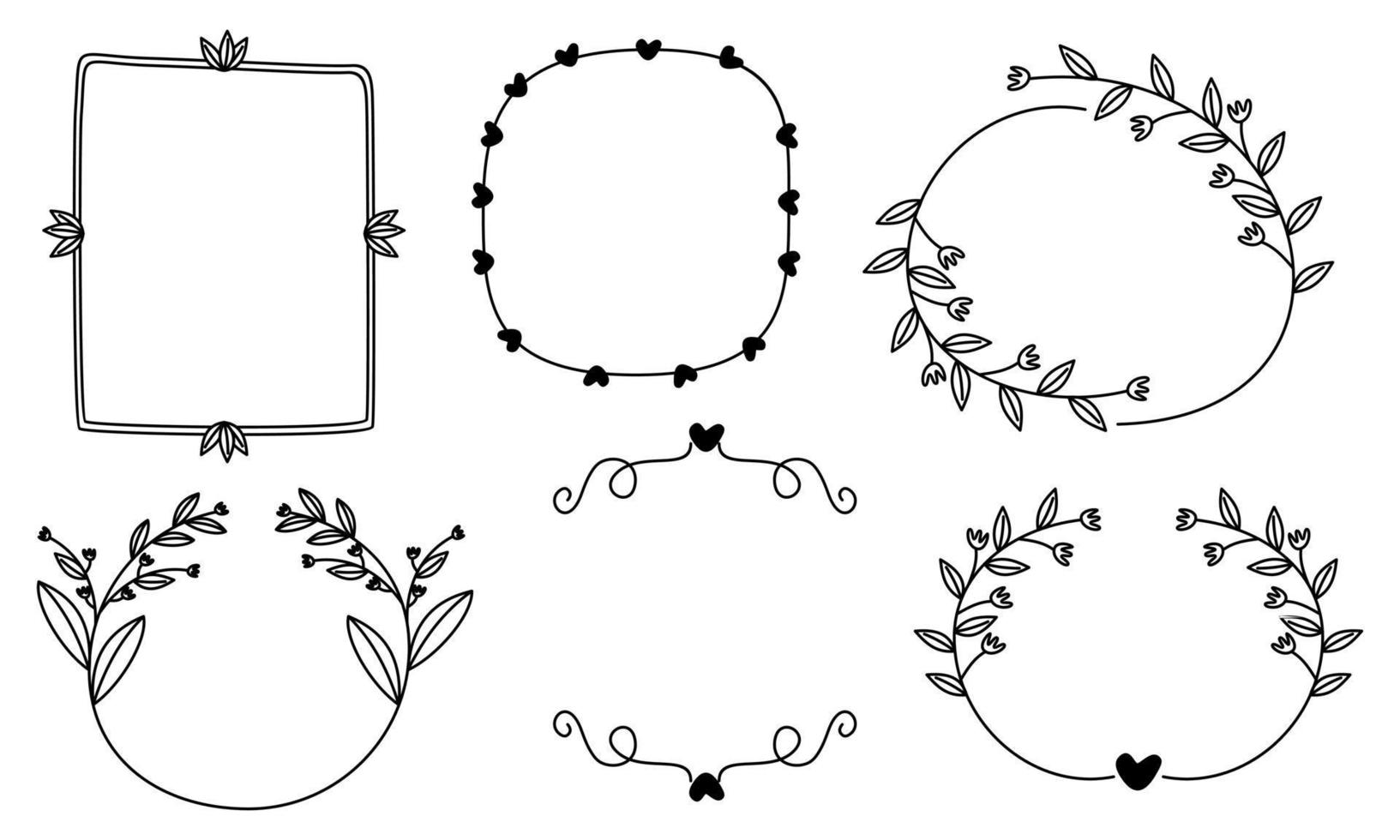 Retro-Strichzeichnungsrahmen, Bänder, Blumen, Dekorationen und Pflanzen vektor