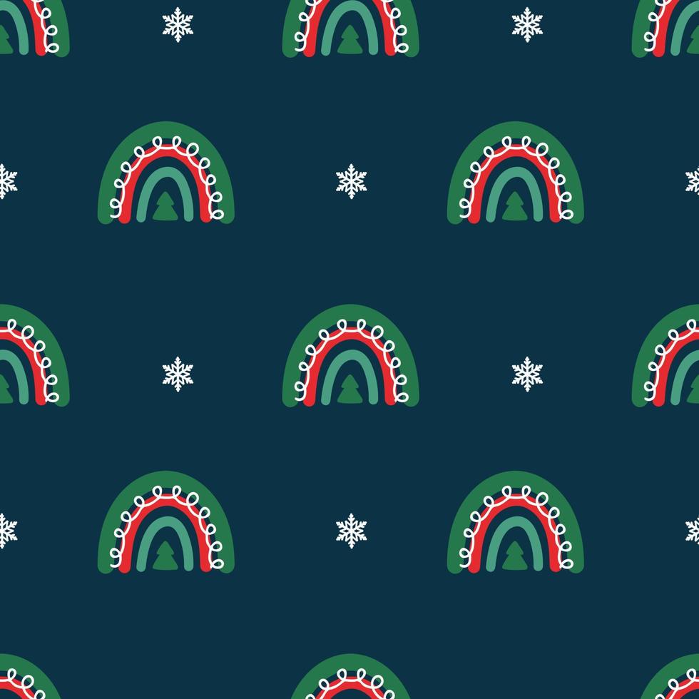 nahtloses weihnachtsmuster. Hintergrund mit Regenbogen, Schneeflocken. perfekt für Geschenkpapier, Grußkarten, Textilien vektor
