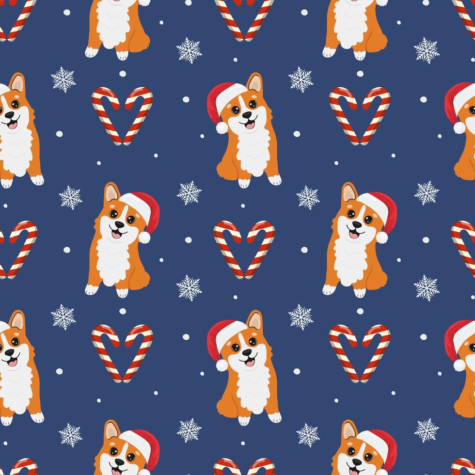 nahtloses muster mit corgis in weihnachtsmannmütze und karamellen. Hintergrund für Geschenkpapier, Grußkarten und saisonale Designs. Frohe Weihnachten und ein glückliches Neues Jahr. vektor