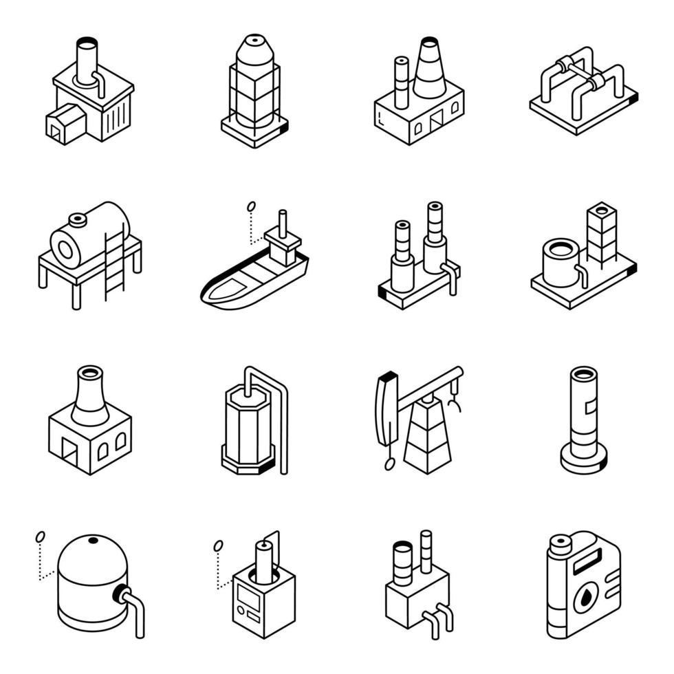 samling av bränsle fabrik isometrisk linje ikoner vektor