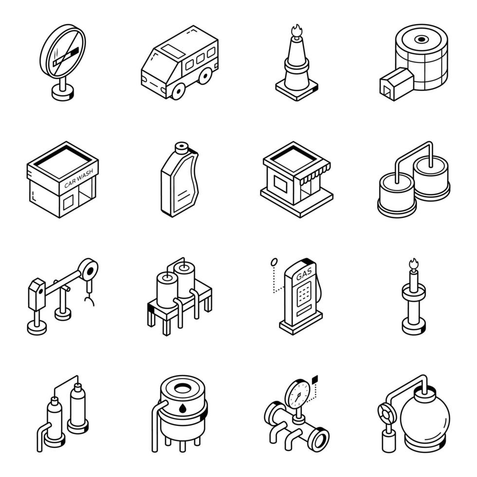 packung mit isometrischen liniensymbolen der ölfabrik vektor