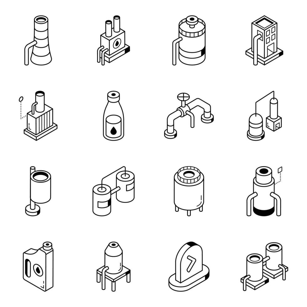 packa av olja produktion isometrisk linje ikoner vektor