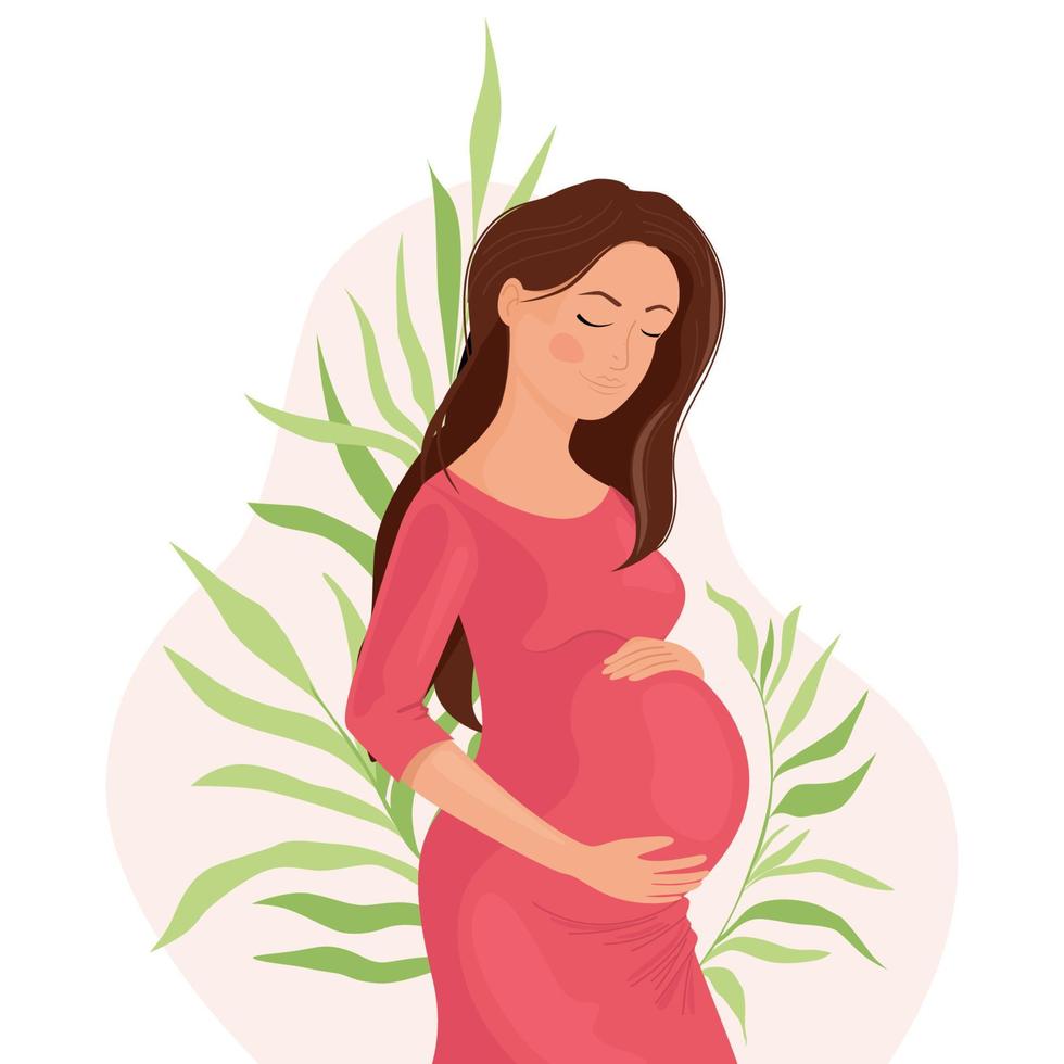 Lycklig gravid kvinna innehav henne mage på en bakgrund med löv, de födelse av liv. graviditet och moderskap. Lycklig graviditet. vektor