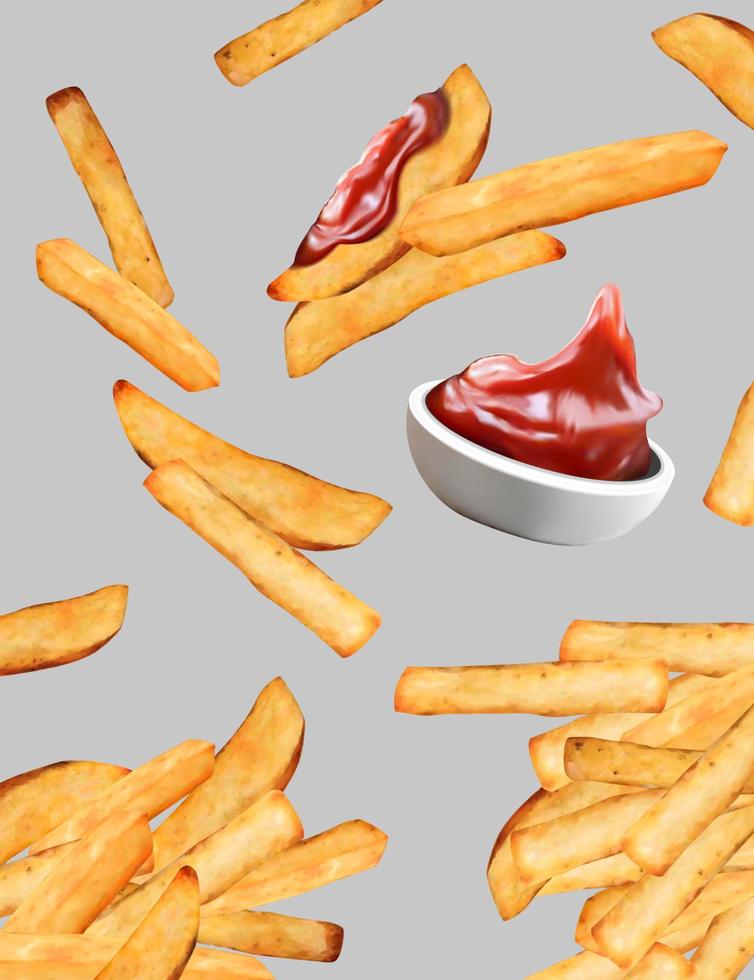 Pommes Frites und Ketchup-Sauce in 3D-Darstellung vektor
