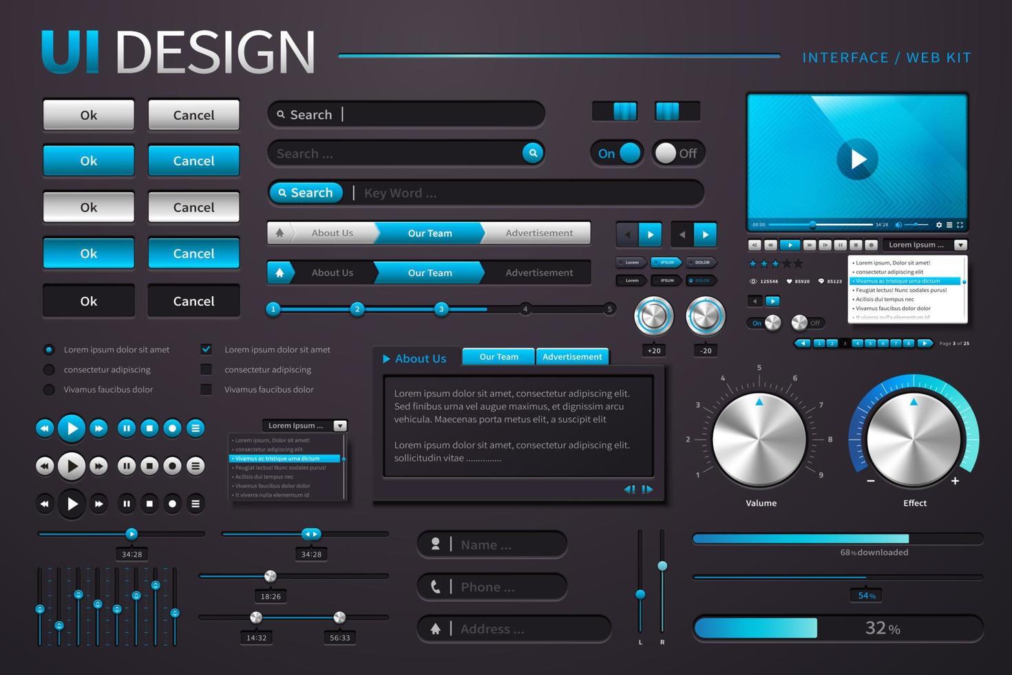 Häftigt ui design med annorlunda knappar i svart och blå tona, 3d illustration vektor