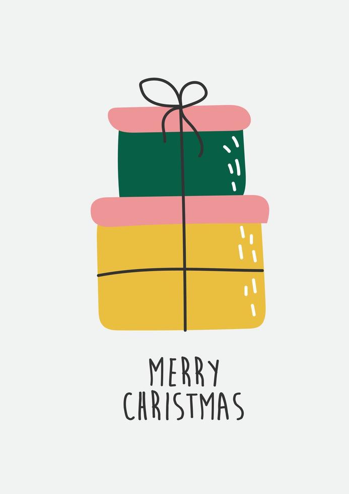 gåva lådor uppsättning och glad jul text, hand dragen klotter stil. vektor illustration för hälsning kort, inbjudningar, posters