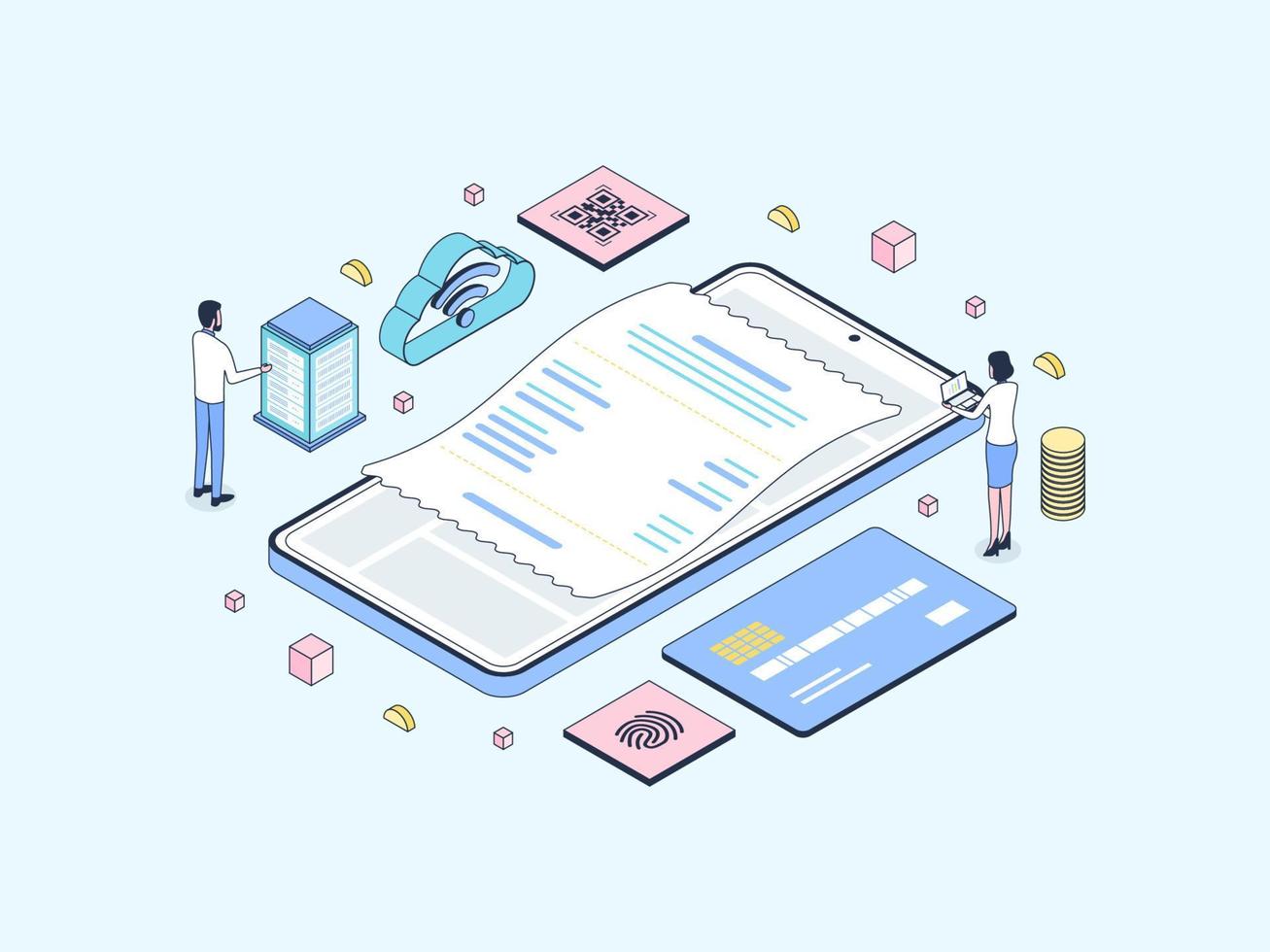 punkt av försäljning systemet isometrisk illustration linjär Färg. lämplig för mobil app, hemsida, baner, diagram, infografik, och Övrig grafisk tillgångar. vektor