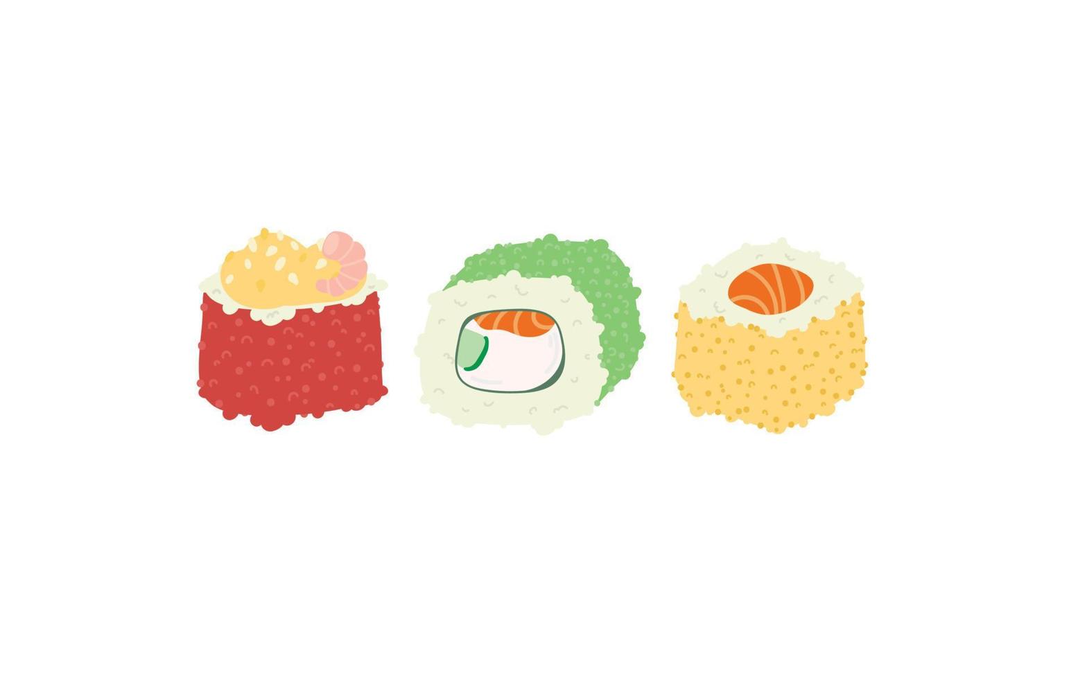sushi rulla med sesam, japansk mat. sushi rulla tecknad serie stil ikon. sushi isolerat på vit bakgrund. vektor tecknad serie sushi. hand dra stil sushi rullar.sian mat