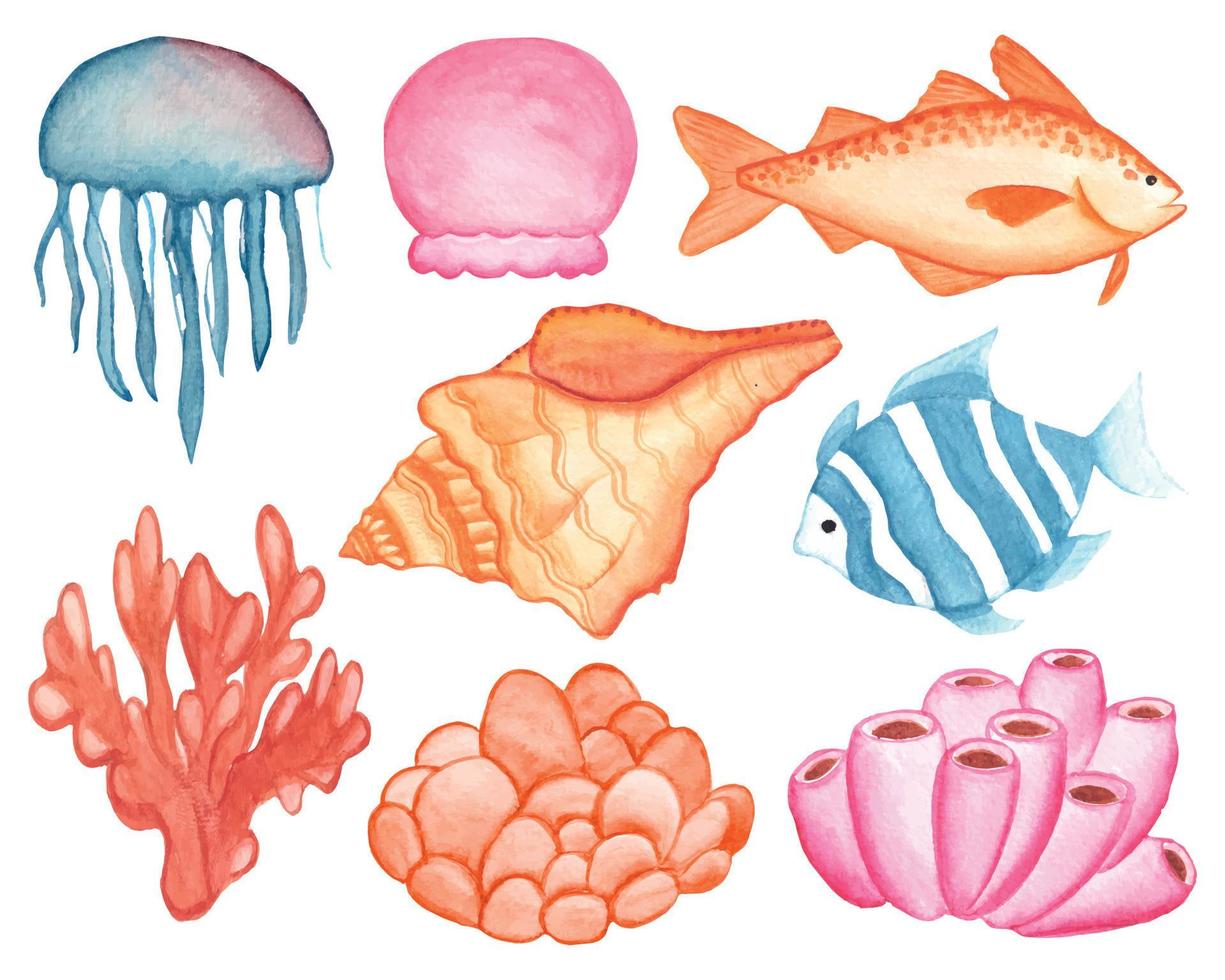 Aquarell unter dem Meer-Clipart-Set vektor