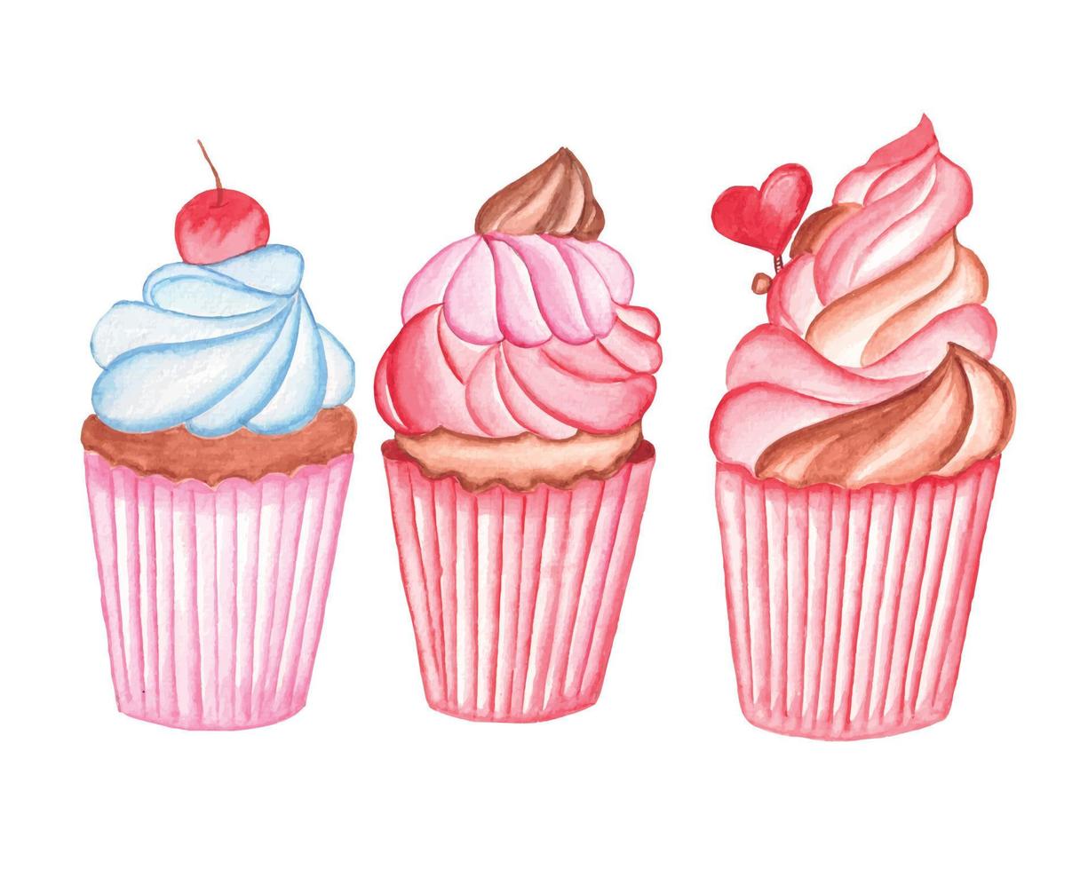 Aquarell-Cupcake-Clipart-Set für Valentinstag und andere Veranstaltungen vektor