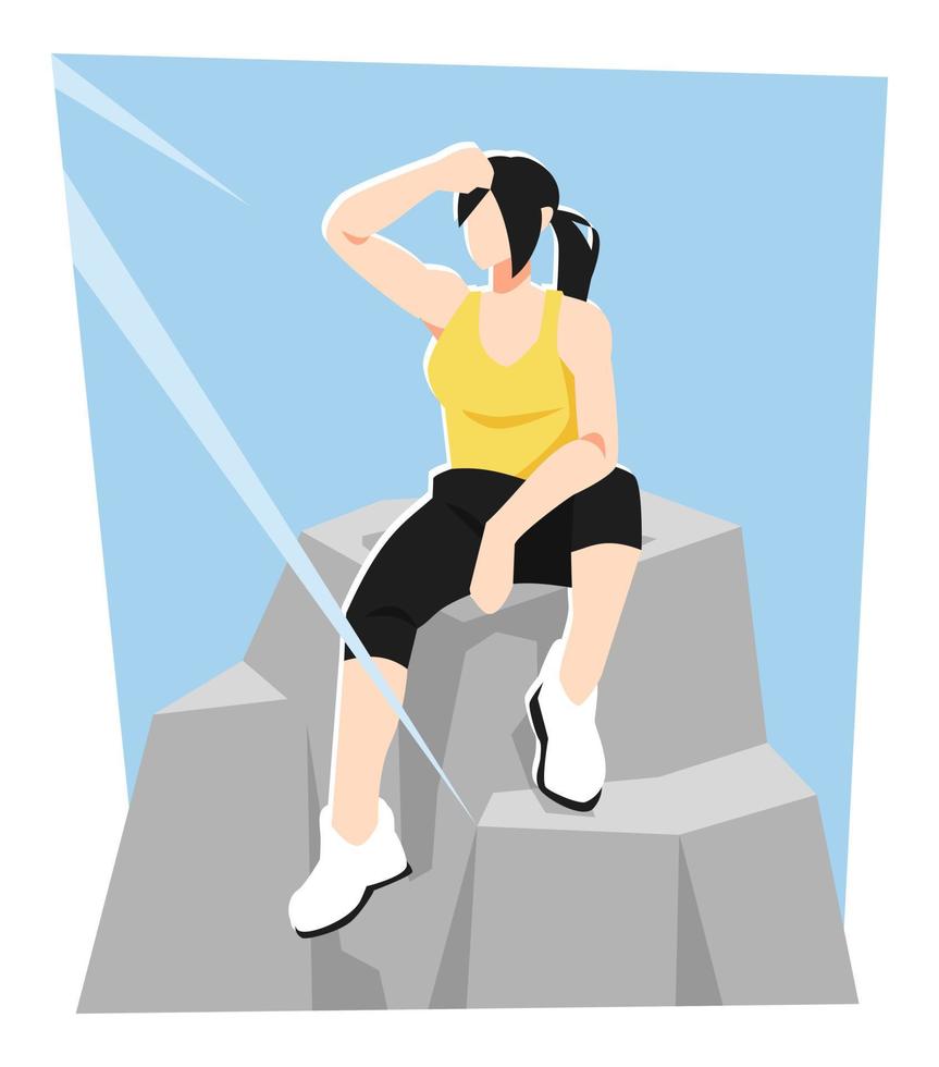illustration av skön kvinna trött efter tränar. Sammanträde på de rocks. utomhus. solsken. de begrepp av sporter, hälsa, livsstil, skönhet. platt vektor