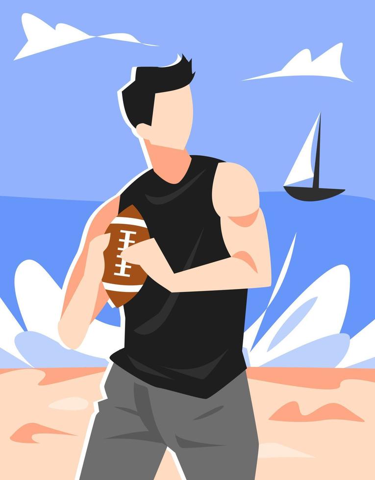Abbildung eines Mannes, der sich darauf vorbereitet, einen Rugbyball zu werfen. Strand, Meer, Bootshintergrund. sommerthemakonzept, freizeit, sport vektor
