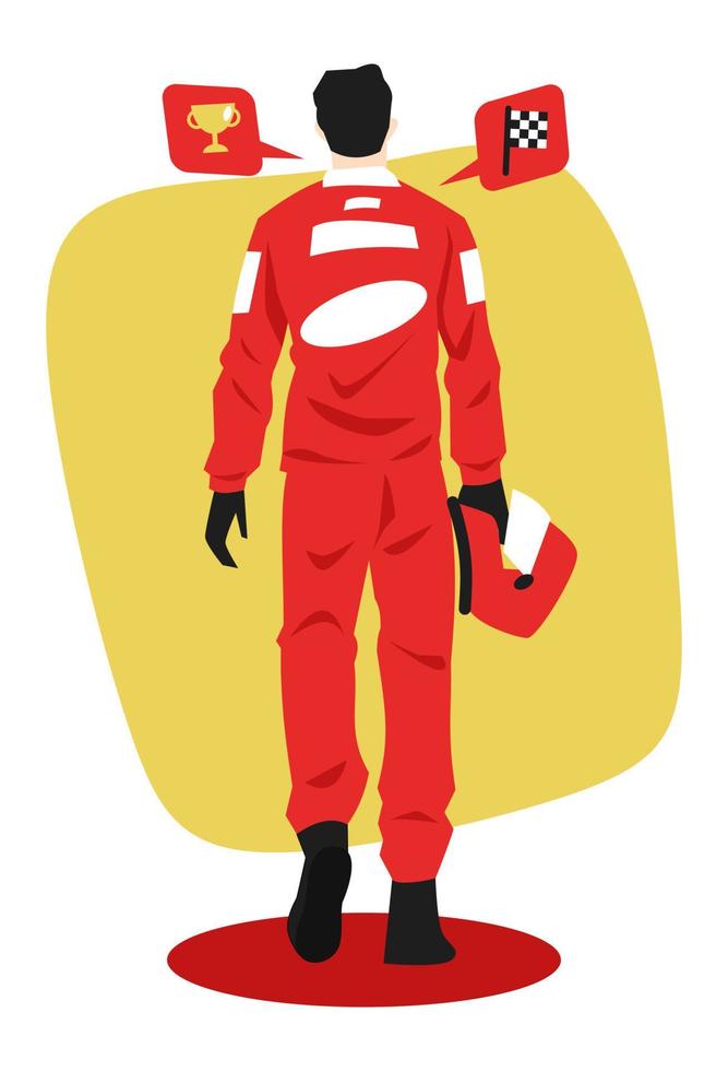 Rückansicht der Racer-Illustration. hält einen Helm. gehen. ausgerüstetes Trophäensymbol, Rennflaggensymbol. das konzept von sport, reitern, berufen, idealen usw. flacher vektor