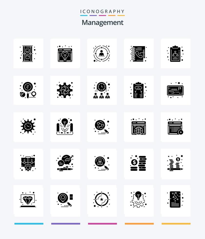 kreatives Management 25 Glyph solid black Icon Pack wie Telefonbuch. Verzeichnis. die Glühbirne. Buch. Menschen vektor