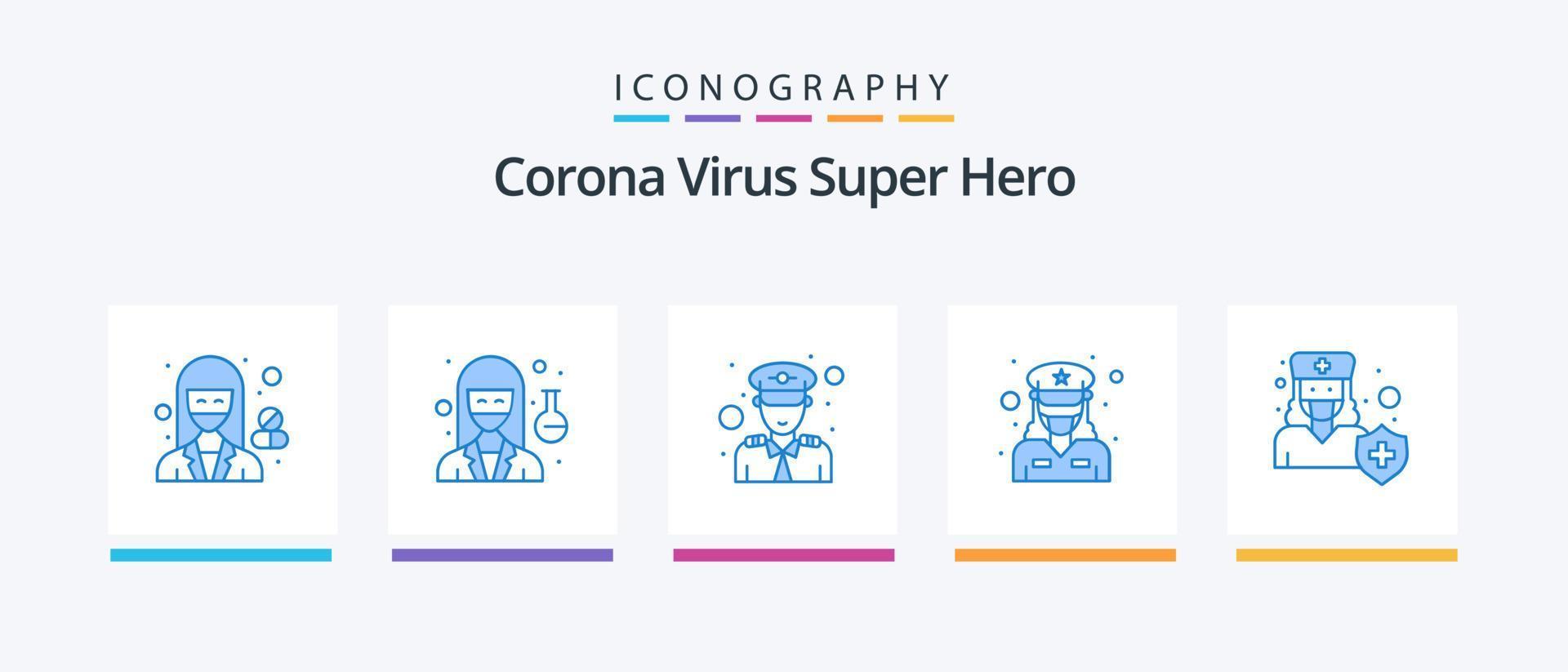 Corona-Virus Superheld blau 5 Icon Pack inklusive Arzt. Verkehrspolizei. Wissenschaftler. Offizier. Offizier. kreatives Symboldesign vektor